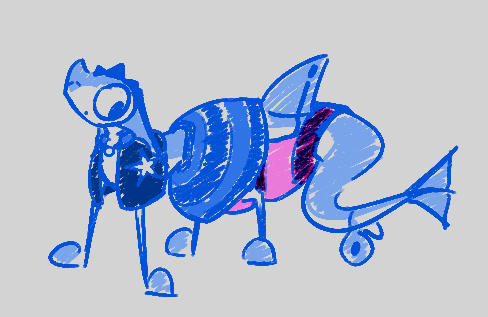 A quadrapedal fish creature with a long, thick tail. dressed in a jacket and skirt with a pink diaper underneath. It's in a neutral pose with a curious expression.