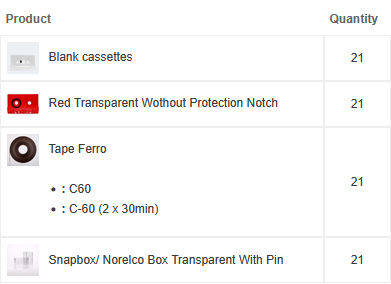A screenshot of the casette order showing 21 Red Transparent blank casettes with 30 minutes of tape on each side together with 21 transparent cases.
